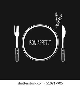 Cutlery and plate vector icon, logo. Isolated. Hand drawn doodle sketch fork, knife and plate. Tableware, dishes, dinnerware. Black and white elements for design. Bon appetit