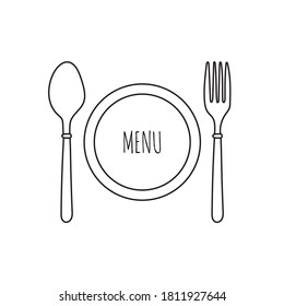 Cutlery plates, fork and spoon vector doodle icons. Isolate on white background. Editable stroke.