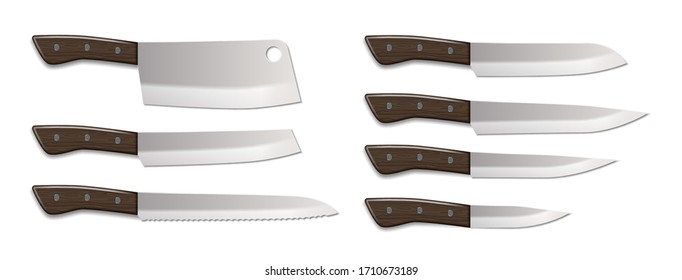 Cutlery realistic set, kitchen knives isolated on white. Chef knife and cutter mockup. vector illustration