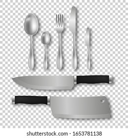 Cutlery realistic utensil set. Vector silver spoon fork knife collection isolated illustration.