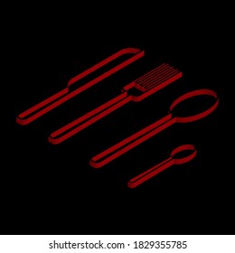 Cubertería roja sobre fondo negro, imagen isométrica, signo de diseño, ilustración vectorial