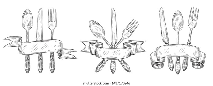 Cutlery with ribbon. Vintage table setting engraving, hand drawn fork, knife and food spoon sketch. Silverware restaurant eat teaspoon ink logo doodle. Vector isolated icons illustration set