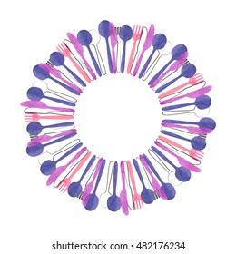 Cutlery round frame. Restaurant background with watercolor fork, knife and spoon silhouettes. 