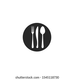 Cutlery round icon knife, fork, spoon on a plate black and white logo for fast food dining