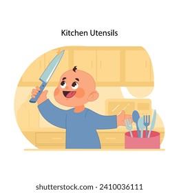 Cutlery safety awareness. Happy toddler playfully and curiously wielding kitchen knife, unaware of potential danger it poses. Preventing injuries and accidents with kids. Flat vector illustration