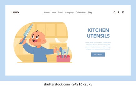 Cutlery safety awareness. Happy toddler playfully and curiously wielding kitchen knife, unaware of potential danger it poses. Preventing injuries and accidents with kids. Flat vector illustration