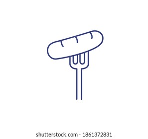 Cutlery and sausage outline icon on white background.