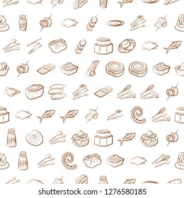 Cutlery, Seafood, Snacks and Table setting set. Background for printing, design, web. Usable as icons. Seamless. Binary color.