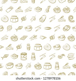 Cutlery, Seafood, Snacks and Table setting set. Background for printing, design, web. Usable as icons. Seamless. Binary color.