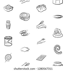 Cutlery, Seafood, Snacks and Table setting set. Background for printing, design, web. Usable as icons. Seamless. Monochrome binary, black and white.