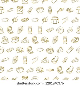 Cutlery, Seafood, Snacks and Table setting set. Background for printing, design, web. Usable as icons. Seamless. Binary color.
