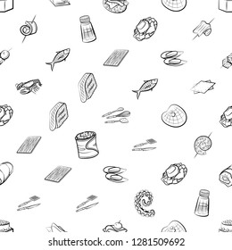 Cutlery, Seafood, Snacks and Table setting set. Background for printing, design, web. Usable as icons. Seamless. Monochrome binary, black and white.