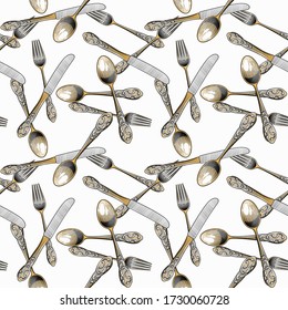 Cutlery seamless background. Spoons, forks, knives. Vintage engraving black and white stylized drawing.  Vector illustration.