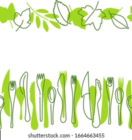  Nahtlose Grenze. Kochen, Frühlings- oder Sommermenü. Umrisse und Silhouette aus Kuschelwein und grünen Blättern, Küchenutensilien. Vektorillustration.