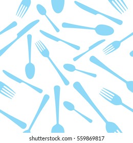 Cutlery Seamless Pattern, Blue On White, Vector