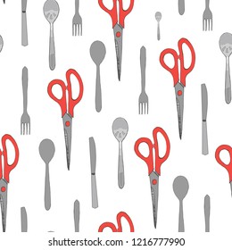 Cutlery, seamless pattern with knife, fork, spoons and scissors, hand drawn vector illustration