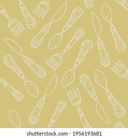 Farbnahtloses Muster: Messer, Gabel, Löffel. Vektordesign für Hintergrund, Tapete, Wrapper. Umrissgrafik für die Dekoration der Speisekarte, Bar, Restaurant.