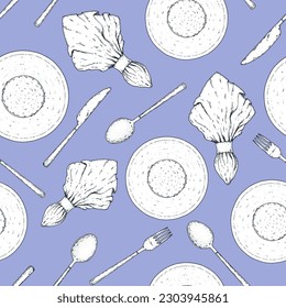 Cutlery seamless pattern. Menu design background. Hand drawn sketch. Plates, napkin, fork, spoon, knife. Top view.