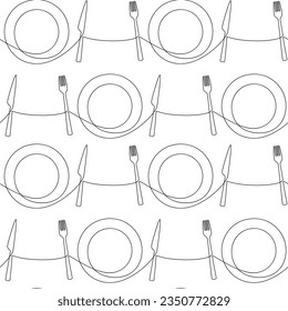 Cutlery seamless pattern vector. Line continuous knife fork plate set. Tableware background. Kitchen outline backdrop, cooking wallpaper, fabric, textile, print, cafe, menu, dishware shop brochure.