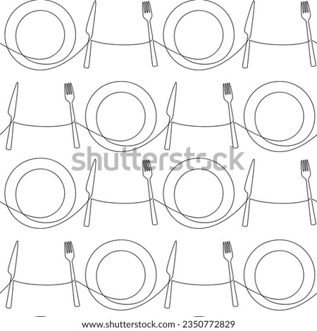 Cutlery seamless pattern vector. Line continuous knife fork plate set. Tableware background. Kitchen outline backdrop, cooking wallpaper, fabric, textile, print, cafe, menu, dishware shop brochure.