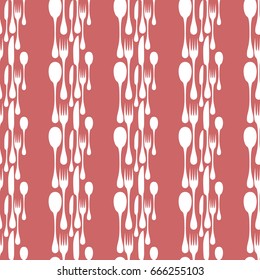 Cutlery seamless vector pattern. Silverware hand implements - spoon, knife and fork silhouettes mosaic arranged in vertical stripes on red background. Restaurant and meal theme wallpaper design.