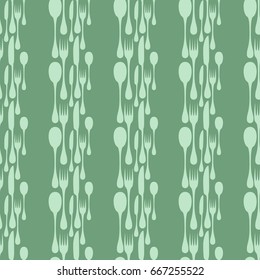 Cutlery seamless vector pattern. Silverware hand implements - spoon, knife and fork silhouettes mosaic arranged in vertical stripes on green background. Restaurant and meal theme wallpaper design.