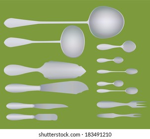 Cutlery and serving devices on a green background