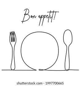 Cutlery as a serving in a restaurant or cafe: a fork, a plate, a spoon. Bon appetit Continuous one line drawing. Minimalist single line art, abstract hand drawn style.Vector illustration, eps10