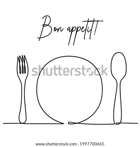 Cutlery as a serving in a restaurant or cafe: a fork, a plate, a spoon. Bon appetit Continuous one line drawing. Minimalist single line art, abstract hand drawn style.Vector illustration, eps10