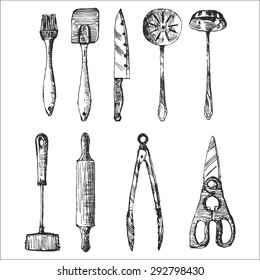 Cutlery set 2. Doodle style. Isolated on a white background