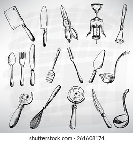 Cutlery set black. Sketch converted to vectors.