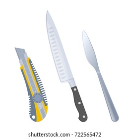 The cutlery set: cooking knife, table knife and construction knife. Flat illustration of various types of steel cutting hand tools. Vector elements isolated on white background.