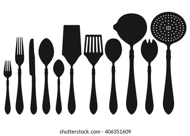 Cutlery set with cooking and serving utensils. Black icons. Vector illustration isolated on white background