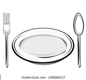 Cutlery set. dishes, spoon, fork , kitchenware set  isolated on white background. Vector illustration for cafes and restaurants. Free space for text on a plate.