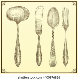  Cutlery set. Doodle style