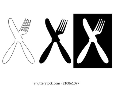 Cutlery set - fork and knife are crossed - lines and silhouette - vector