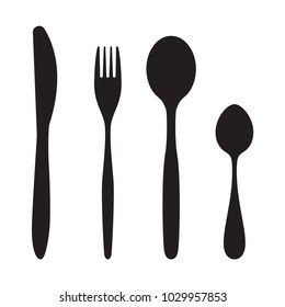 Cutlery set: a fork, a knife and a spoon. Vector flat black icons isolated on white background.