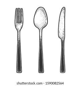 Cutlery set fork knife spoon sketch engraving vector illustration. T-shirt apparel print design. Scratch board imitation. Black and white hand drawn image.