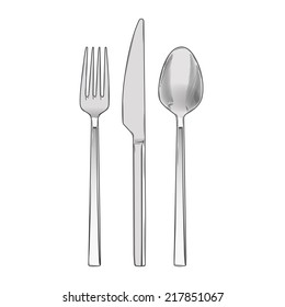 Cutlery set of fork, knife and spoon isolated on a white background. Hand drawn color line art. Cookware retro design. Vector illustration.