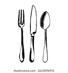Cutlery Set Fork Knife and Spoon Illustration in hand drawn sketch style