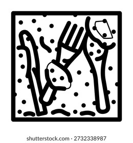 Cutlery set of fork, knife and spoon inside a square frame with dotted pattern, minimalist monochrome line art icon ideal for dining, kitchen, restaurant or app use