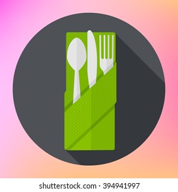 Cutlery set with Fork, Knife and Spoon flat vector icon with long shadows.  Cutlery pictogram flat web. 