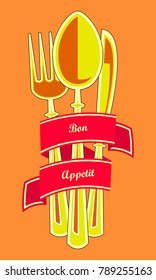 Cutlery set: fork, knife, spoon and ribbon. Top view. Vector illustration. Isolated.