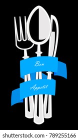 Cutlery set: fork, knife, spoon and ribbon. Top view. Vector illustration. Isolated.