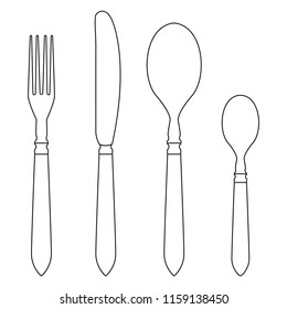 Cutlery set - fork, knife, table spoon, tea spoon. Outline drawing. Vector illustration isolated on white background