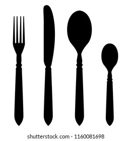 Cutlery set - fork, knife, table spoon, tea spoon. Black silhouette drawing. Vector illustration isolated on white background