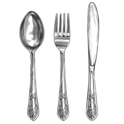 Cutlery Set Fork, Spoon, Knife, Table Setting, Hand Drawn Vector Illustration Realistic Sketch.