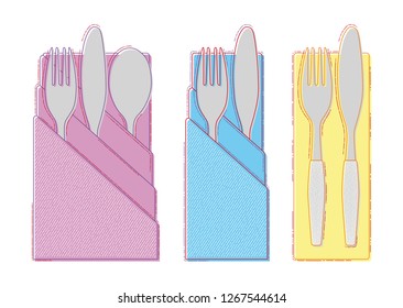 Cutlery set. Fork, spoon, knife and napkin