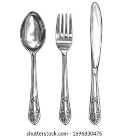 Cutlery set fork, spoon, knife, table setting, hand drawn vector illustration realistic sketch.