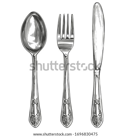Cutlery set fork, spoon, knife, table setting, hand drawn vector illustration realistic sketch.